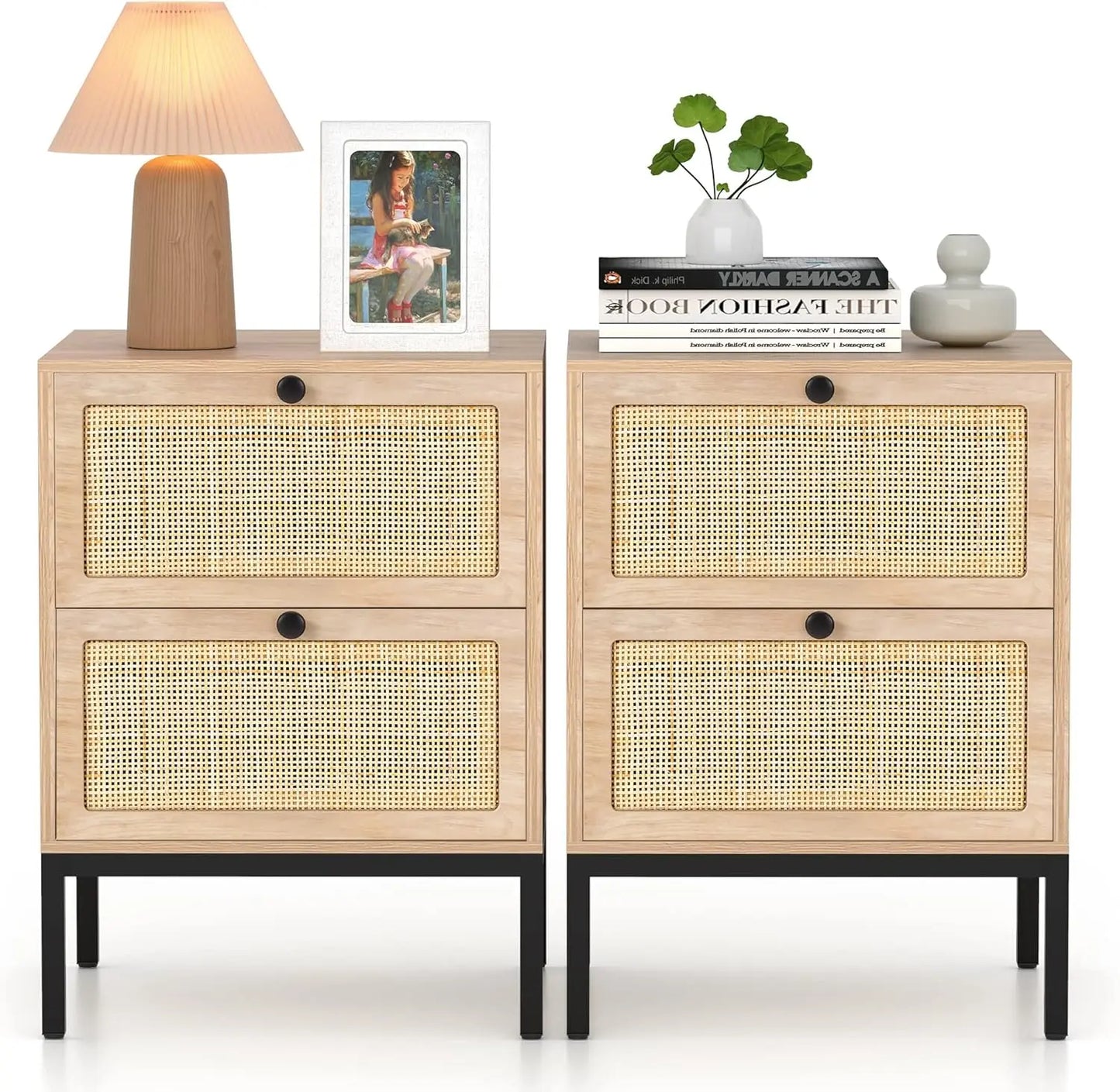 Natural Rattan Nightstand Set of 2, Boho Night Stand with Drawers, Bedside Table Accent Cane End Table Side Table for Bedroom L
