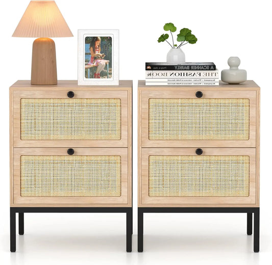 Natural Rattan Nightstand Set of 2, Boho Night Stand with Drawers, Bedside Table Accent Cane End Table Side Table for Bedroom L