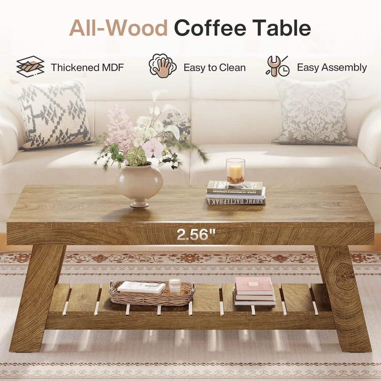 47.24" Rectangular Coffee Table, Farmhouse Wood Center Tables for Living Room, 2-Tier Rustic Accent Table with, Customized