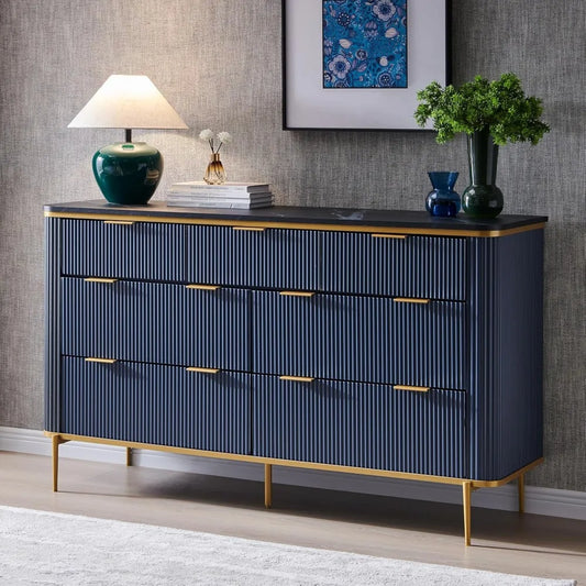 Fluted 7 Drawers Dresser for Bedroom, 54" Wide Modern Dresser TV Stand, Gold Accents, Fluted Fronts, Wood Storage Dressers Orga