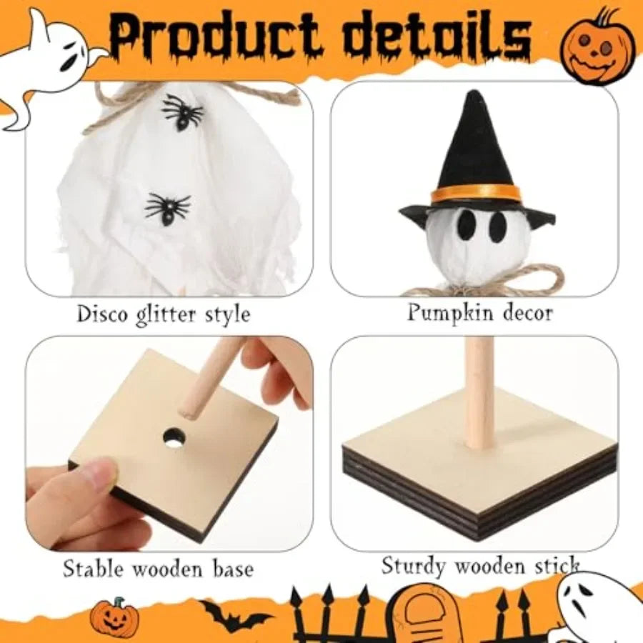 3 Pcs Halloween Witch Ghost Indoor Decorations Halloween Ghost on Wooden Stand Table Centerpieces with Witch Hat Spider for Des