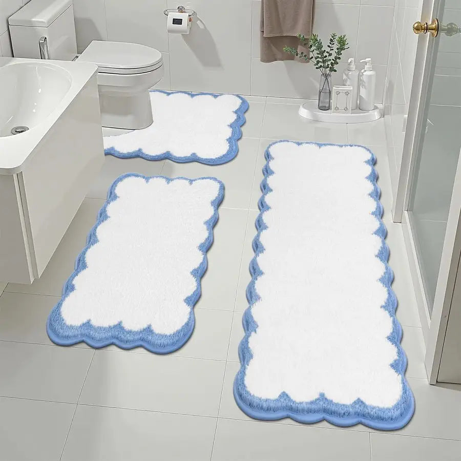 Bathroom Rugs Sets 3 Piece Scalloped Bathroom Shower Rugs with UShaped Contour Toilet Mat Absorbent Microfiber Plush Bath Mats N