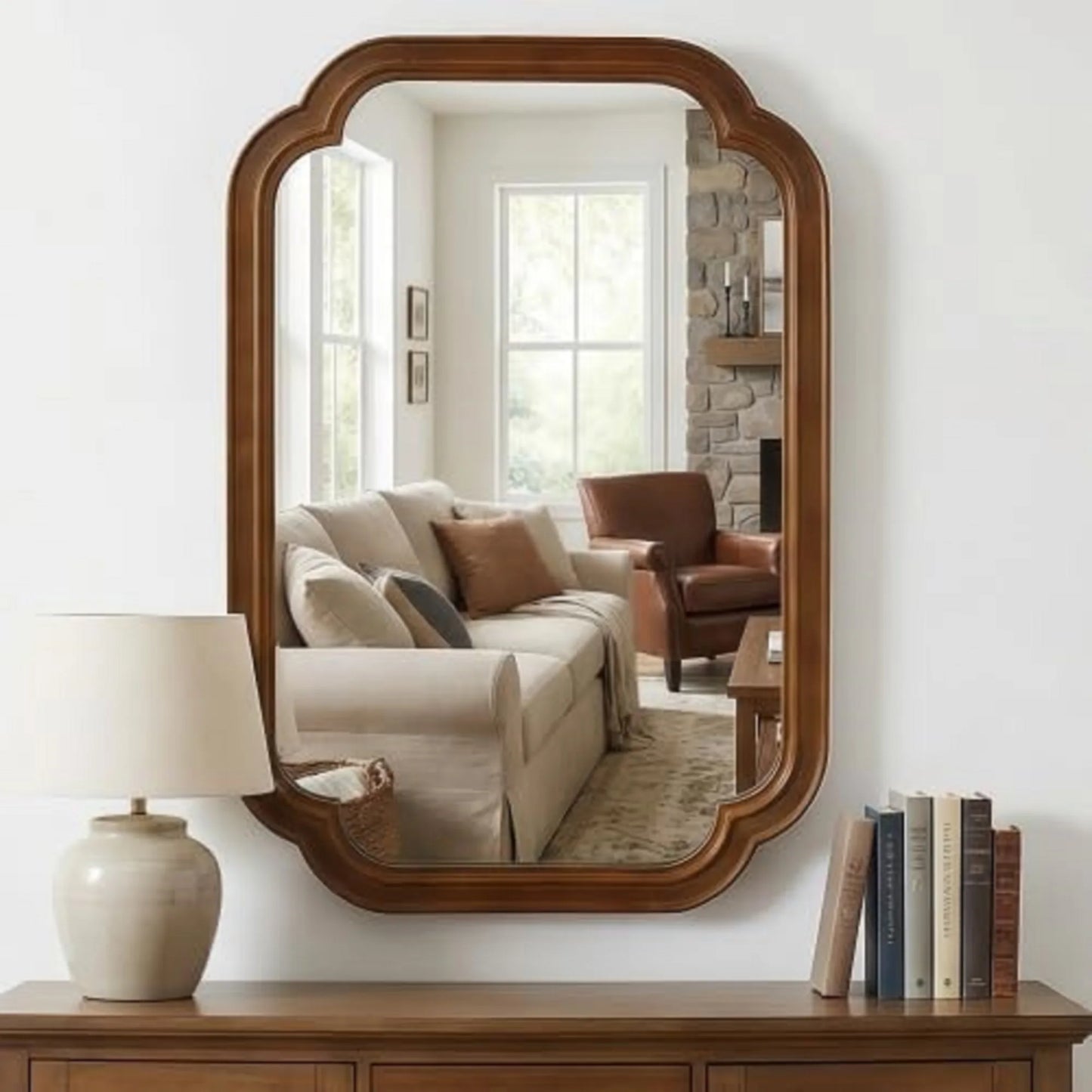 Black Walnut Rounded Corner Mirror, 20" x 30" Solid Wood Frame Decorative Wall Mirror for Bathroom Bedroom Living Room Entryway