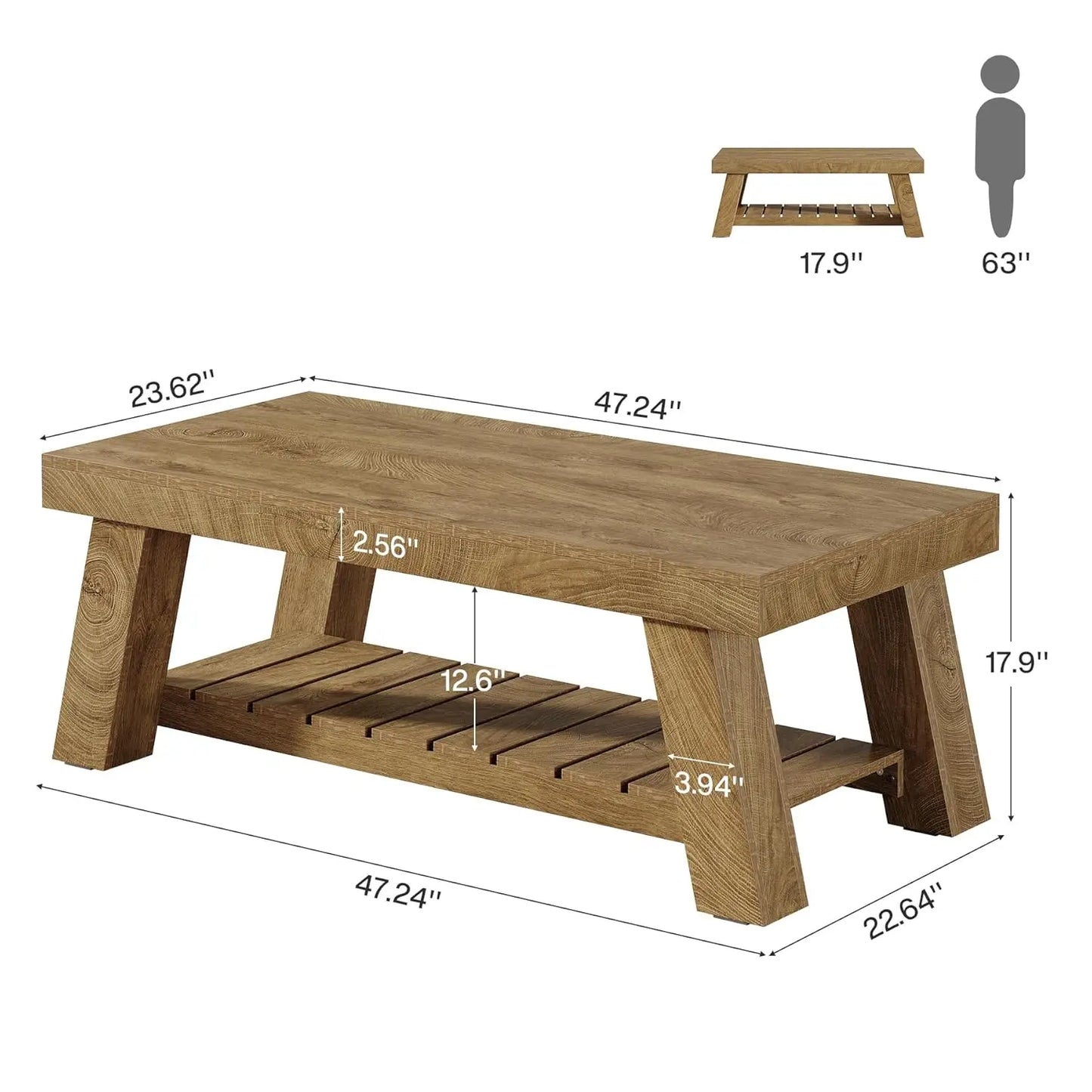 47.24" Rectangular Coffee Table, Farmhouse Wood Center Tables for Living Room, 2-Tier Rustic Accent Table with, Customized