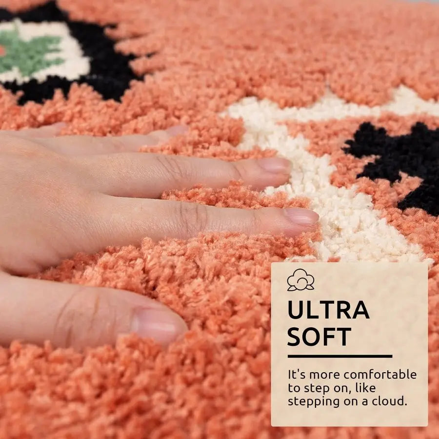 Boho Bathroom Rugs Coral Red Bath Mat Non Slip Western Geometric Bath Rug Luxury Soft Absorbent Carpet for Bathroom Shower Kitch