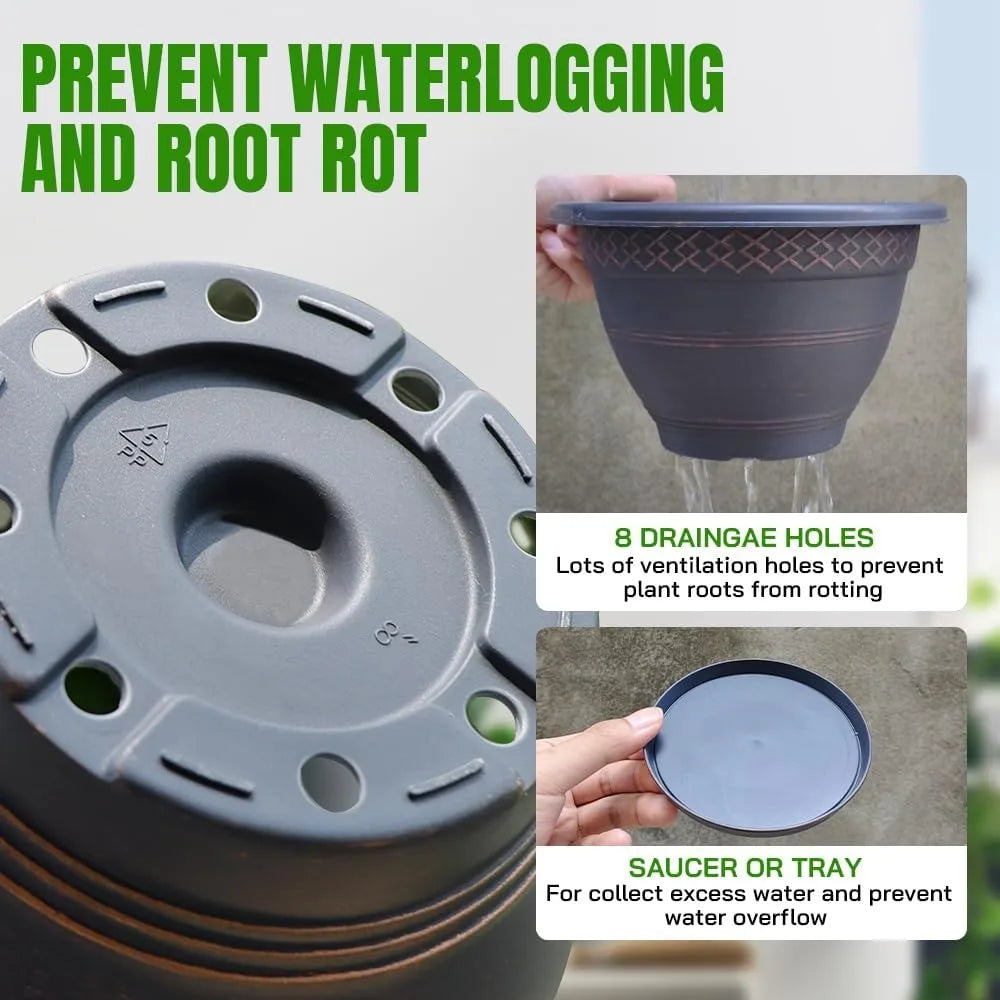 10 Inch 4 Pack Plastic Plant Pots with Drainage Holes and Saucers for Indoor Outdoor Herbs Garden Planters