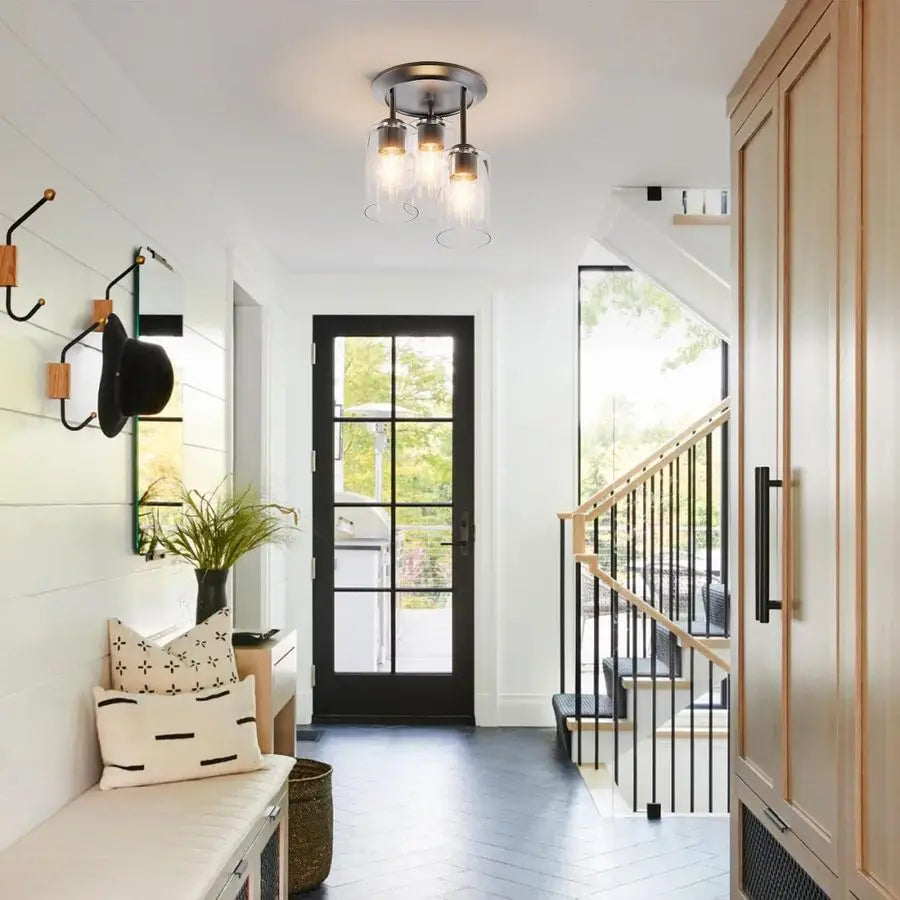 3Lights Semi Flush Mount Ceiling Light Fixture, Matte Black Light Fixtures, Ceiling Light for Kitchen, Foyer, Entryway, Farmhous