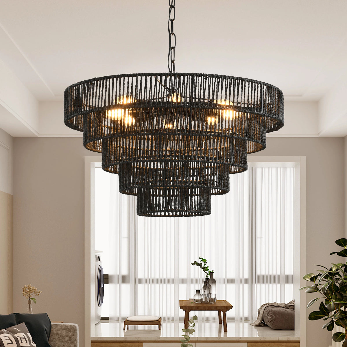 24" Rustic 5-Tier Black Hemp Rope Pendant Light Chandelier with 8 E12 Sockets, Boho Farmhouse Ceiling Fixture,Dining,Kitchen