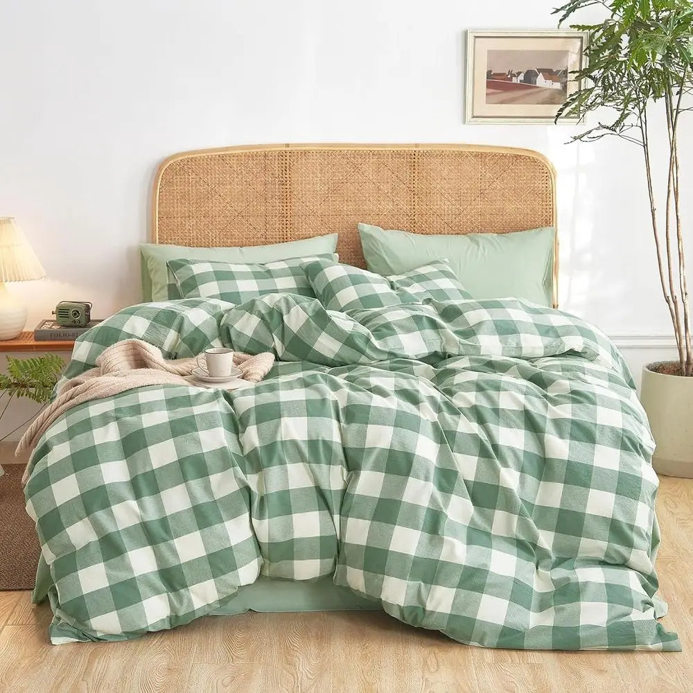 - Gingham Cotton Duvet Cover Set, Plaid BuCheck Checkered armhouse, 100% Washed Cotton Textured Percale Bedding Set, 3 Pieces, G