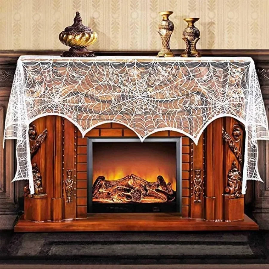 Halloween Fireplace Mantel Scarf, Halloween Decorations White Lace Spiderweb Fireplace Cover Festive Party Supplies, 18 x 98 in
