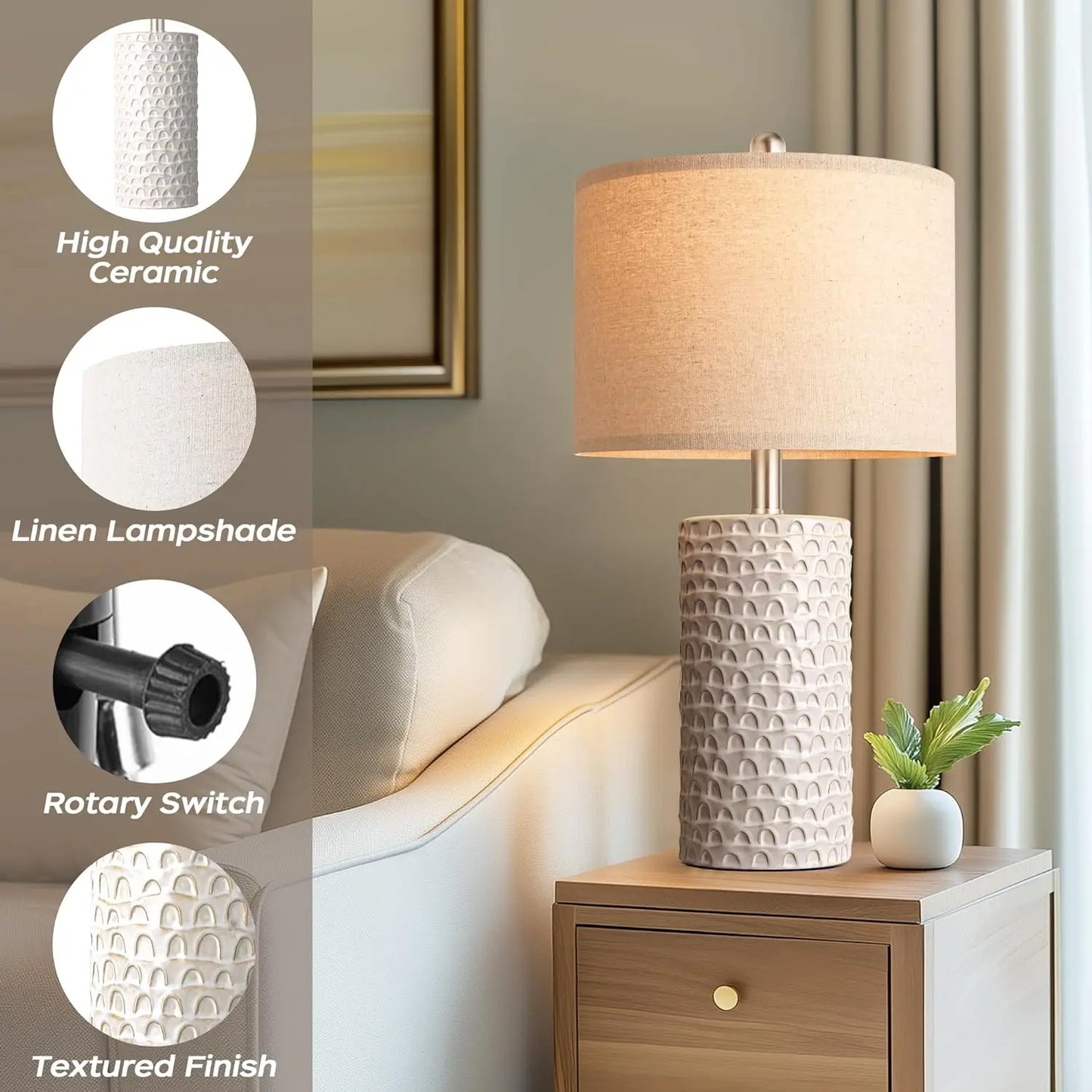 Modern Ceramic Table Lamp Set of 2, Rustic Farmhouse Bedside Lamps for Living Room and Bedroom Decor in White Beige