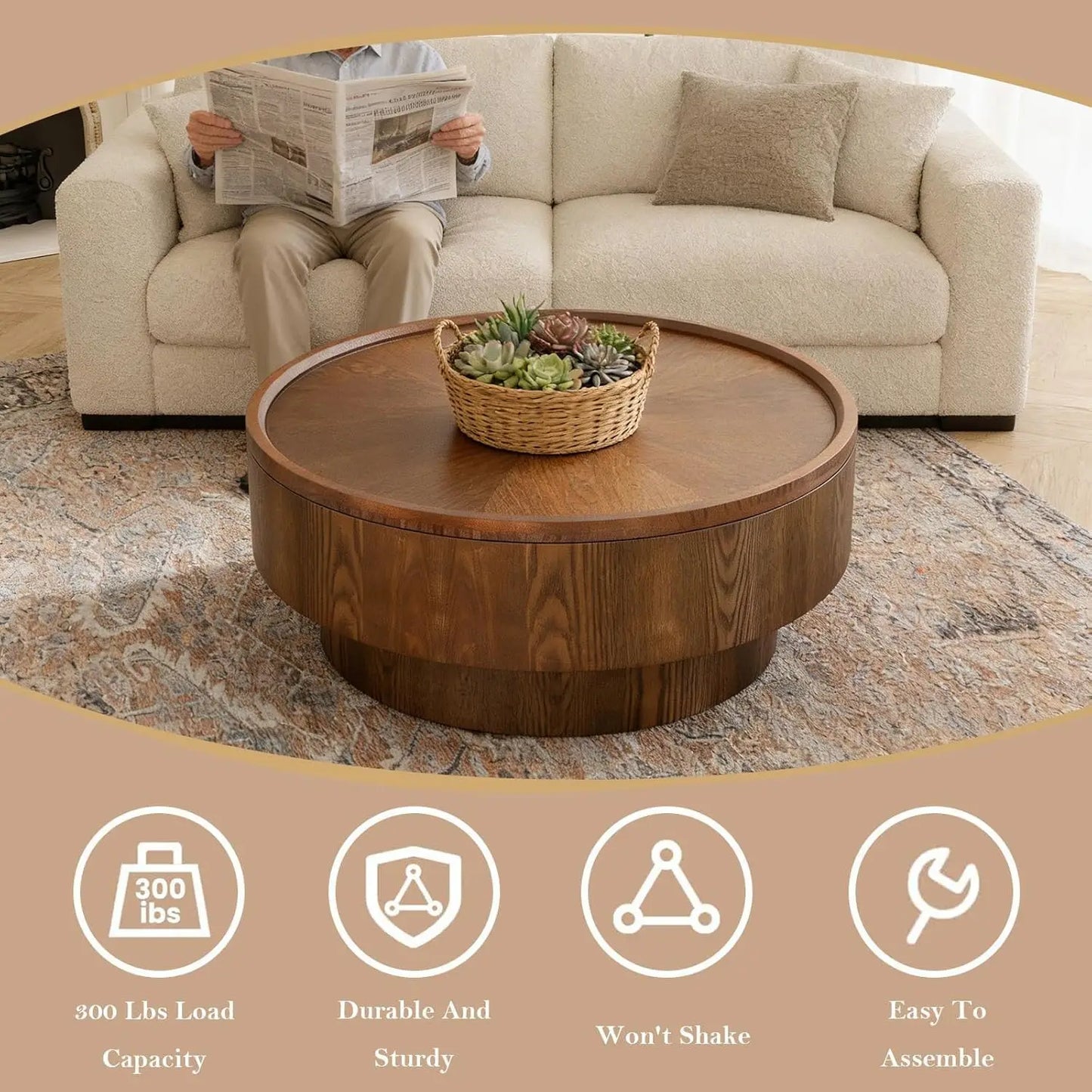 Rustic Wood Round Coffee Table with Storage, Modern Luxury Circle Drum Center Tables with Solid Wood Veneered and, Customized