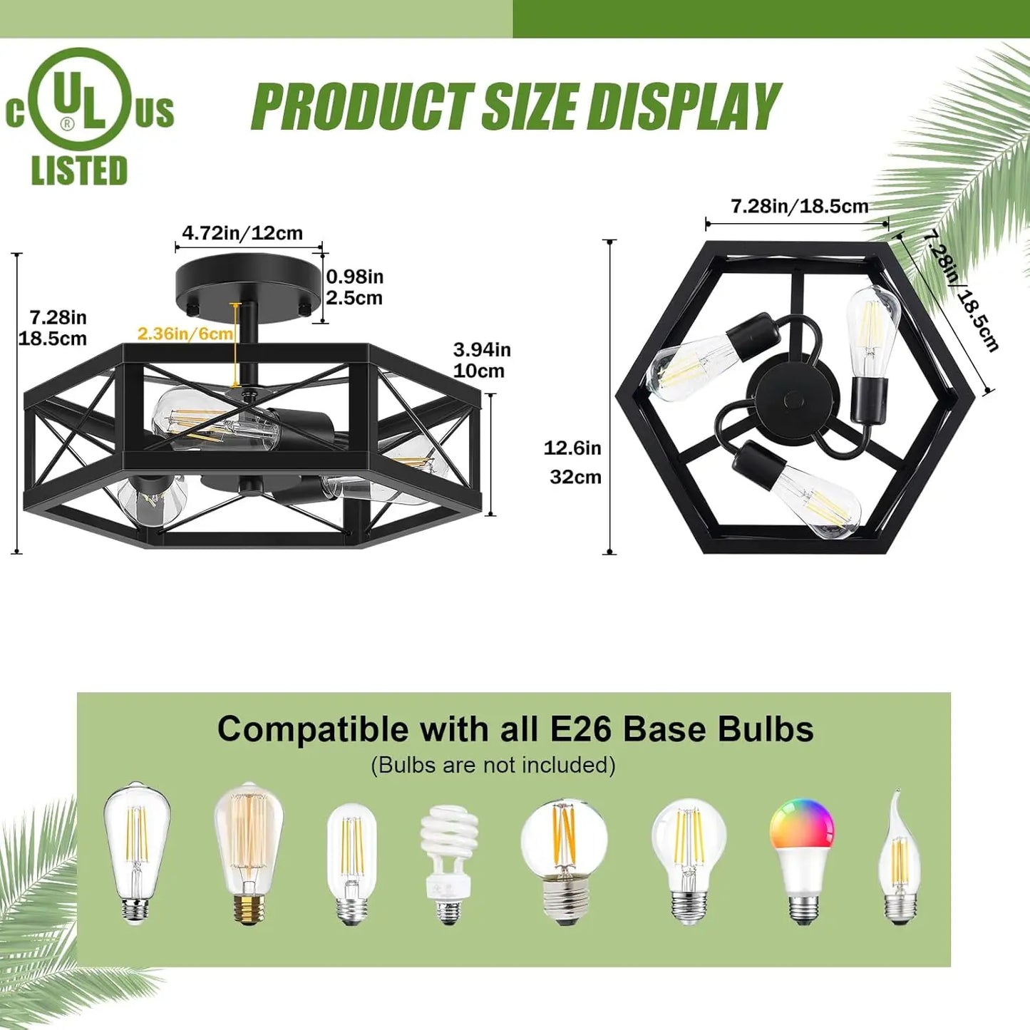 3-Light Black Semi Flush Mount Ceiling Fixture with Hexagon Cage for Kitchen Dining Room Bedroom Hallway