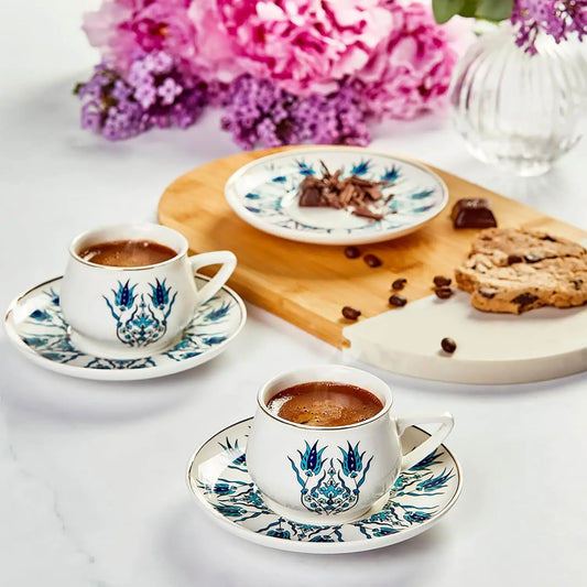Turkish Coffee Cup Set of 6 with Saucers, Porcelain Espresso Cups for Greek and Arabic Coffee