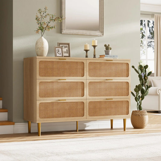 6-Drawer Rattan Dresser, Natural Hand-Woven Rattan & Wood Large Storage Dresser With Deep Drawers For Bedroom Living Room