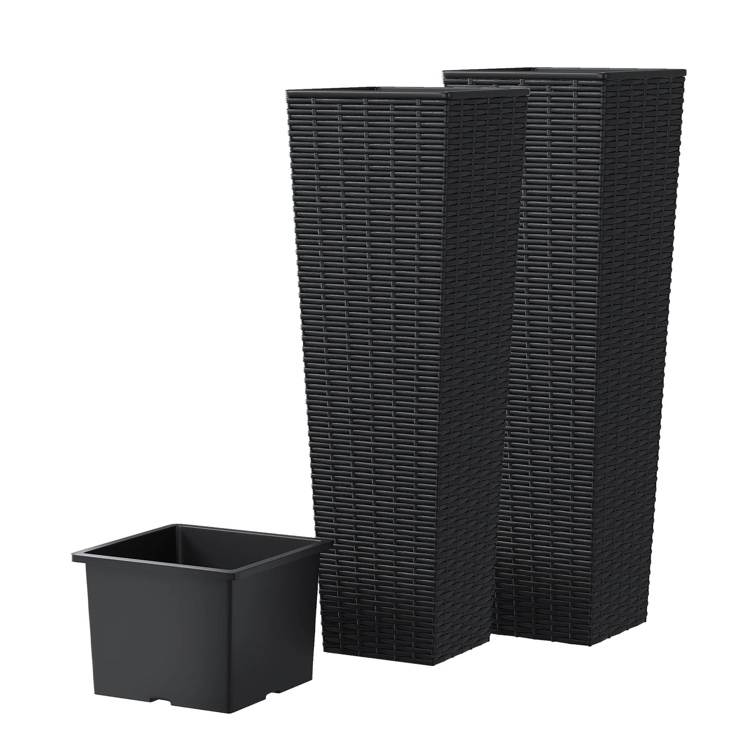 2PCS 32 Inch Tall Planter Resin Rattan Texture Modern Rectangular Tall Plant Pot with Removable Inner Pots Drainage Holes