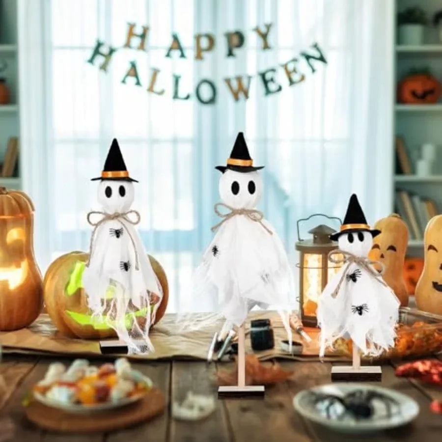 3 Pcs Halloween Witch Ghost Indoor Decorations Halloween Ghost on Wooden Stand Table Centerpieces with Witch Hat Spider for Des