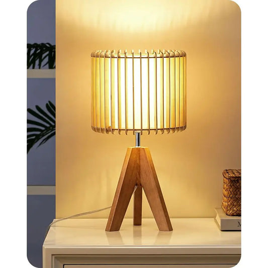 14.17 Small Table Lamp, Wood Tripod Bedside Lamp, Natural WoodColored Hollow amp White PVC Shade, E26 Base, Boho Nightstand Lamp